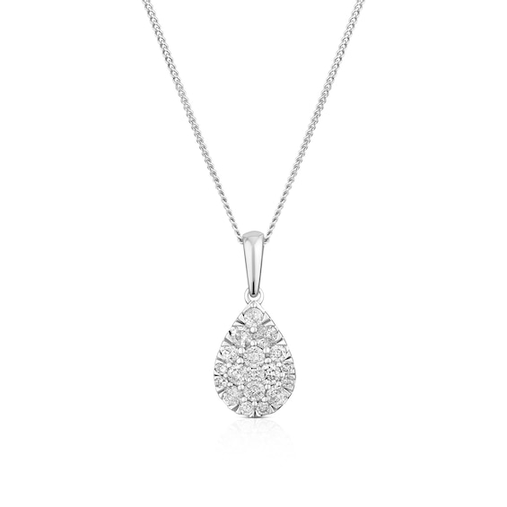 9ct White Gold 0.33ct Diamond Cluster Pear Shaped Pendant Necklace