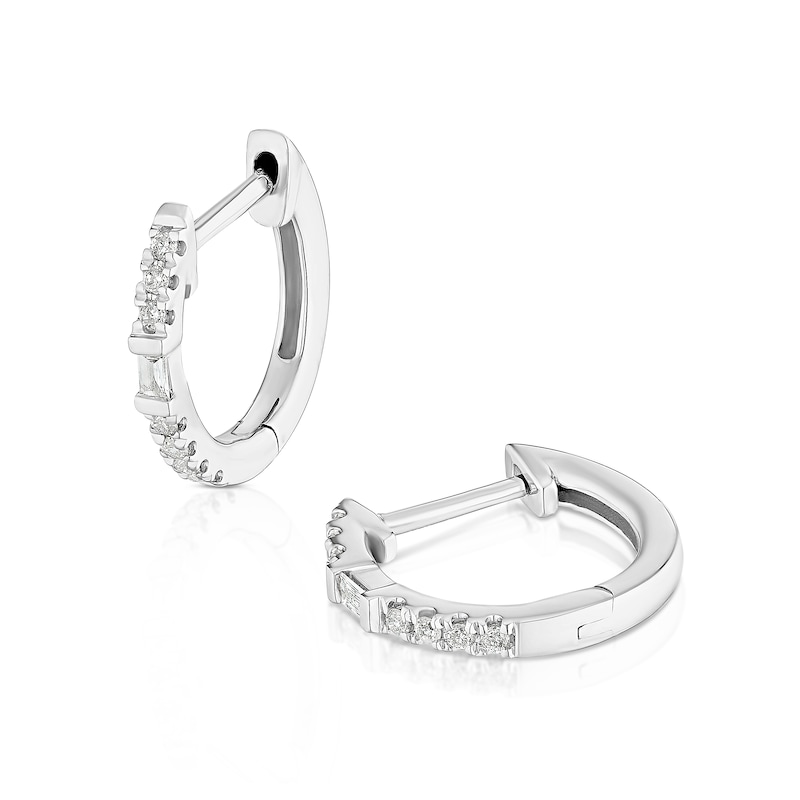 Main Image 1 of 9ct White Gold Diamond Baguette & Round Cut Hoop Earrings