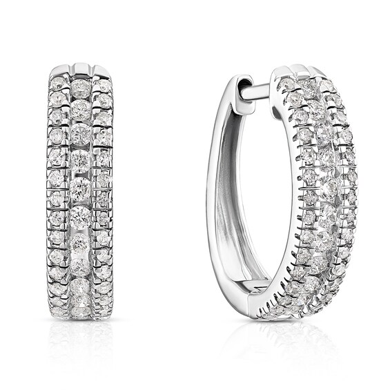 9ct White Gold 0.40ct Diamond Three Row Hoop Earrings
