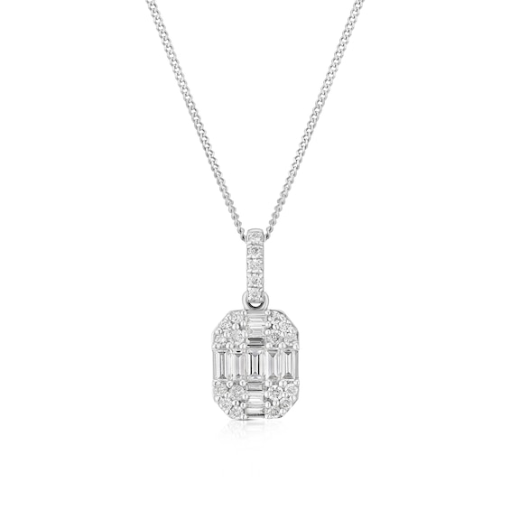 9ct White Gold 16+2 0.33ct Diamond Baguette and Round Pendan