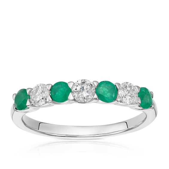 9ct White Gold 0.33ct Diamond and Emerald 7-Stone Ring
