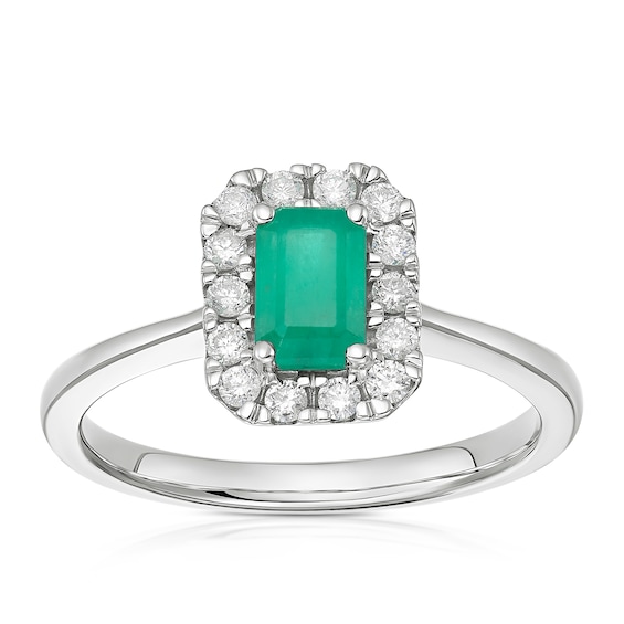 9ct White Gold 0.20ct Diamond and Emerald Halo Ring