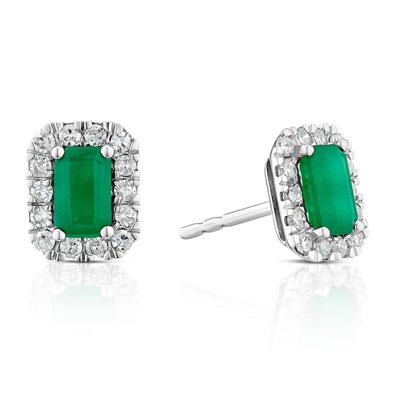 9ct White Gold Emerald and 0.20ct Diamond Halo Earrings