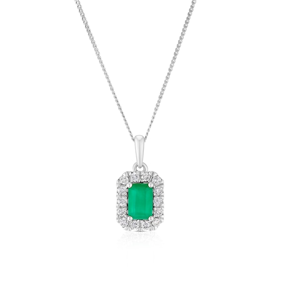 9ct White Gold 0.20ct Diamond and Emerald Halo Pendant