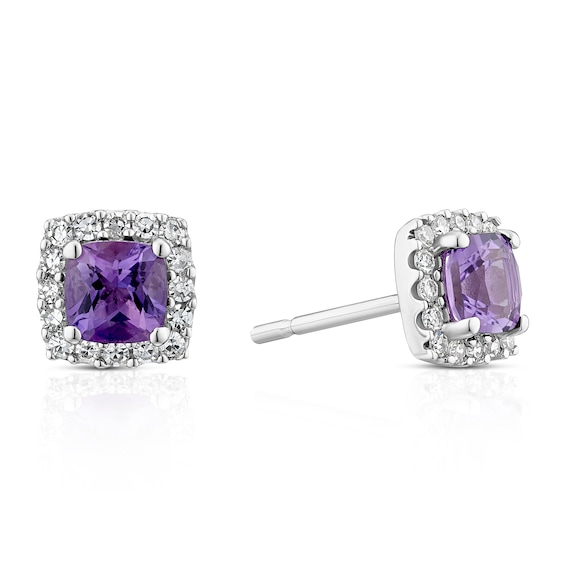9ct White Gold 0.15ct Diamond and Amethyst Halo Earrings