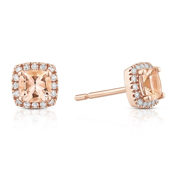 9ct Rose Gold 0.10ct Diamond and Morganite Cushion Shaped Ea
