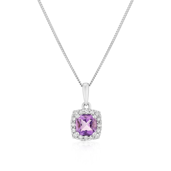 9ct White Gold 0.10ct Diamond and Amethyst Halo Pendant