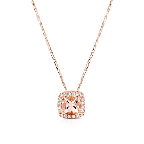 9ct Rose Gold Diamond and Morganite Cushion Shaped Halo Pendant