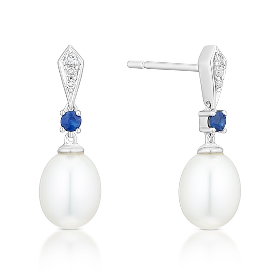 9ct White Gold Diamond Created Sapphire and Cultured Freshwater Pearl Drop Earrings
