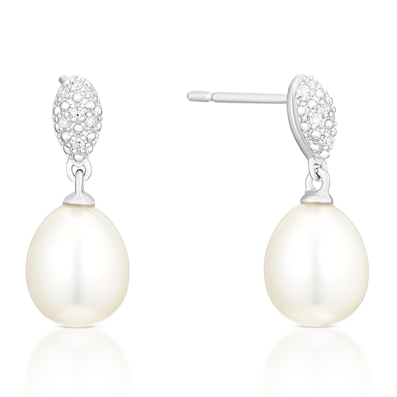 9ct White Gold Cultured Freshwater Pearl and Diamond Drop Ea