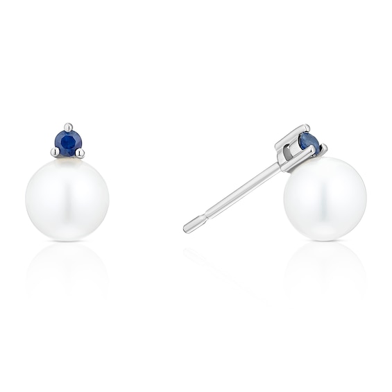 9ct White Gold Created Sapphire and Cultured Freshwater Pearl Stud Earrings