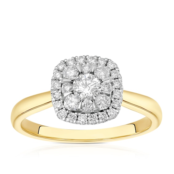 Engagement Ring 9ct Two Gold Cushion Shaped Halo 0.50ct Diam