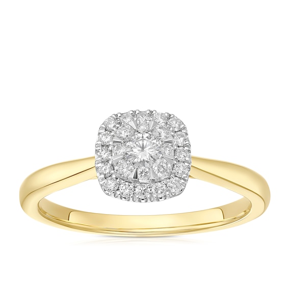 Engagement Ring 9ct Two Gold Cushion Shaped Cluster 0.25ct Diamond Ring