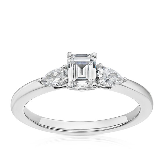 Engagement Ring Platinum Emerald and Pear Cut Trilogy 0.75ct