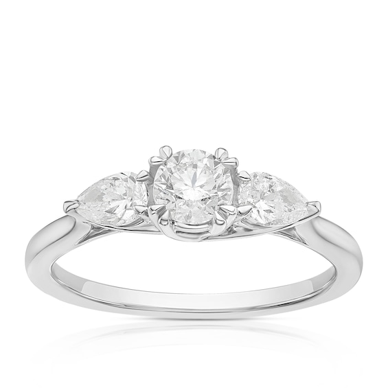 Platinum 0.75ct Diamond Round and Pear Cut Trillogy Ring
