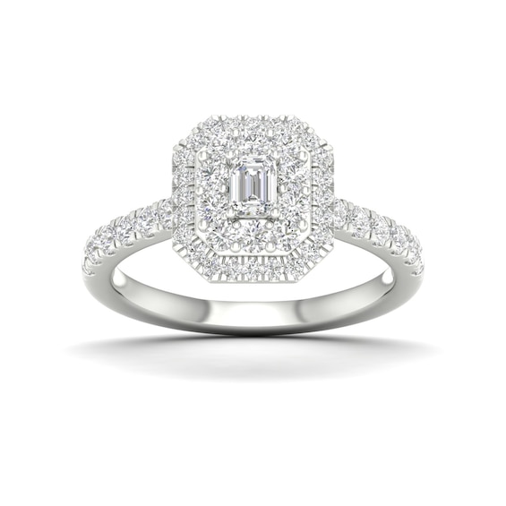 Origin Platinum 0.75ct Diamond Emerald Shaped Double Halo Ring