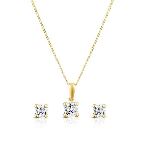 9ct Yellow Gold Cubic Zirconia Stud Earrings and Pendant Necklace Jewellery Set
