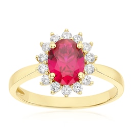 9ct Yellow Gold Created Ruby & Cubic Zirconia Halo Ring