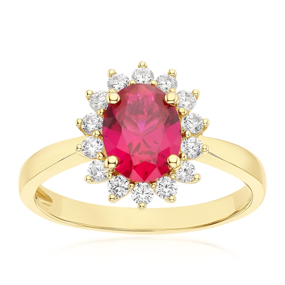 9ct Yellow Gold Created Ruby and Cubic Zirconia Halo Ring