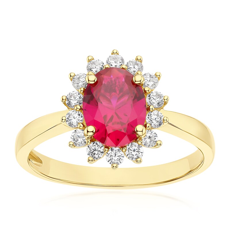 Main Image 1 of 9ct Yellow Gold Created Ruby & Cubic Zirconia Halo Ring