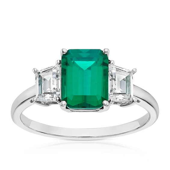 9ct White Gold Created Emerald and Cubic Zirconia Trilogy Ri