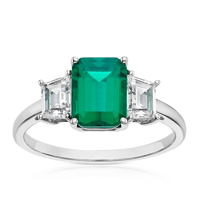 Main Image 1 of 9ct White Gold Created Emerald & Cubic Zirconia Trilogy Ring