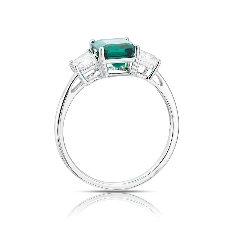 Main Image 3 of 9ct White Gold Created Emerald & Cubic Zirconia Trilogy Ring