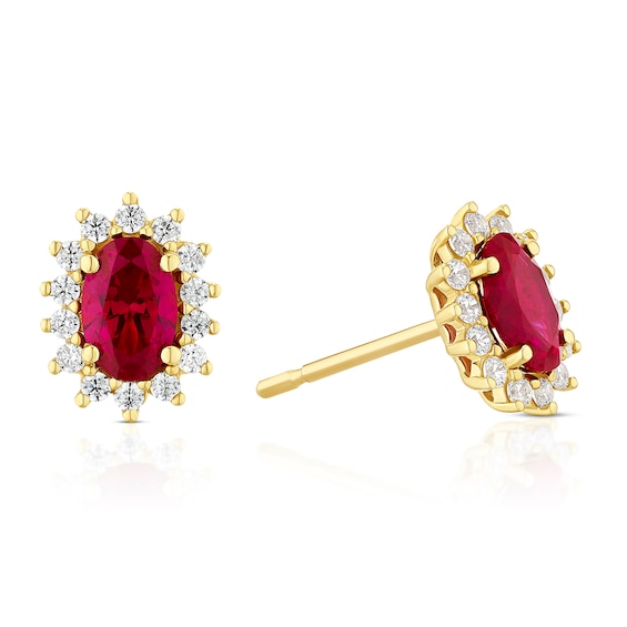 9ct Yellow Gold Created Ruby and Cubic Zirconia Halo Earrings