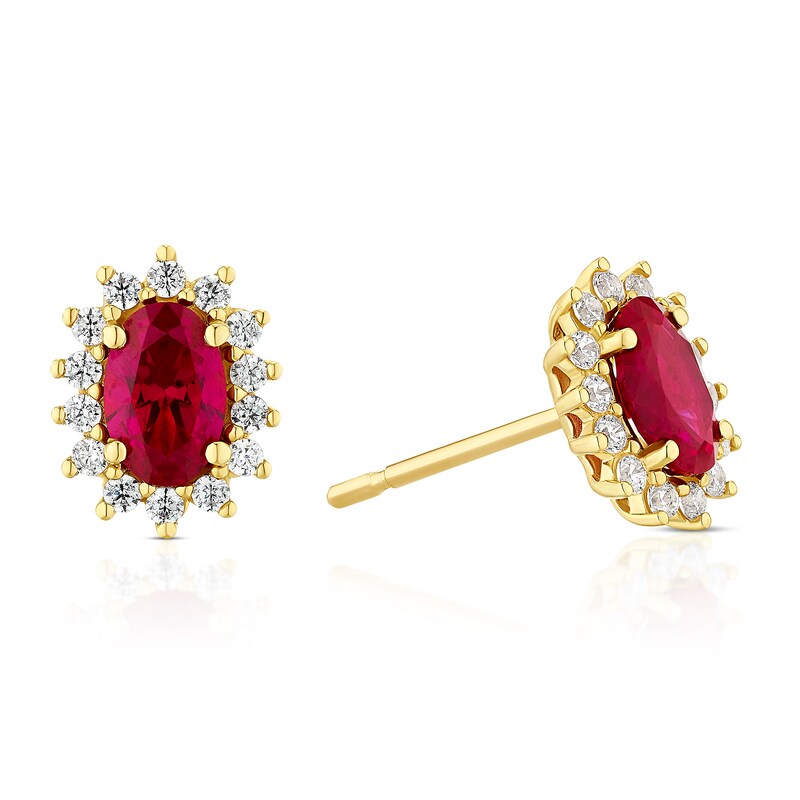 Main Image 1 of 9ct Yellow Gold Created Ruby & Cubic Zirconia Halo Earrings