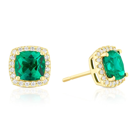 9ct Yellow Gold Created Emerald and Cubic Zirconia Cushion S