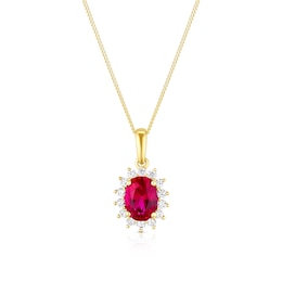 9ct Yellow Gold 16+2" Created Ruby & Cubic Zirconia Halo Pendant