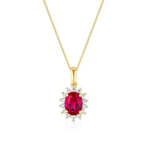 9ct Yellow Gold 16+2 Created Ruby and Cubic Zirconia Halo Pendant