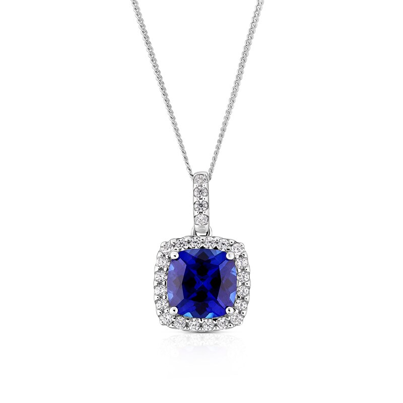 Main Image 1 of 9ct White Gold  16+2" Created Sapphire & Cubic Zirconia Halo Pendant