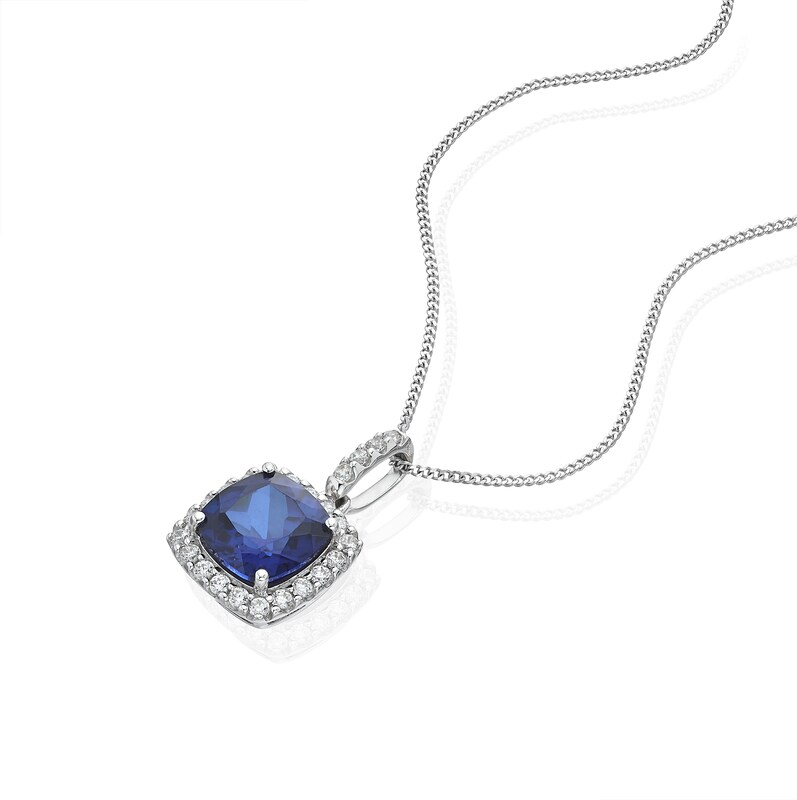 Main Image 2 of 9ct White Gold  16+2" Created Sapphire & Cubic Zirconia Halo Pendant