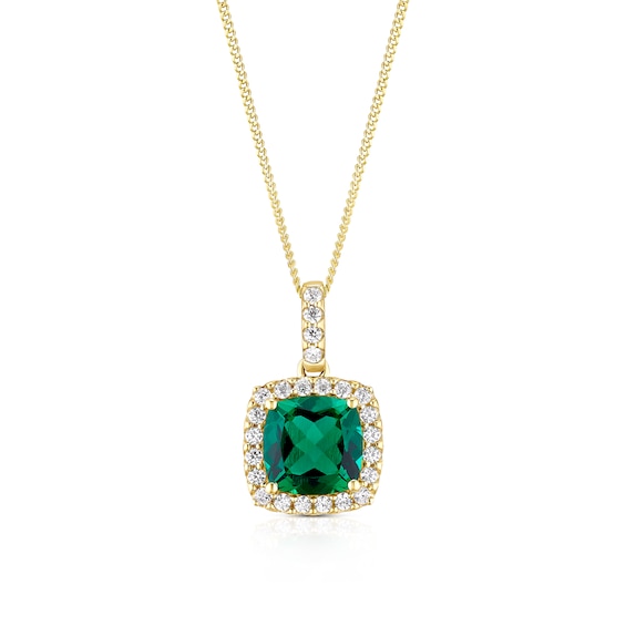 9ct Yellow Gold 16+2 Created Emerald and Cubic Zirconia Halo