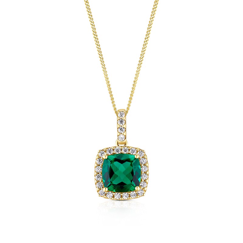 Main Image 1 of 9ct Yellow Gold 16+2" Created Emerald & Cubic Zirconia Halo Pendant
