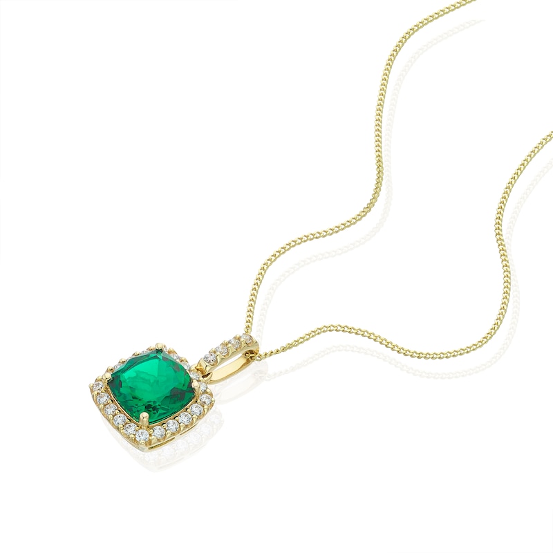 Main Image 2 of 9ct Yellow Gold 16+2" Created Emerald & Cubic Zirconia Halo Pendant