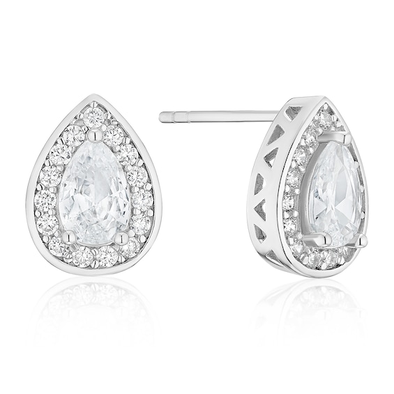 Sterling Silver Cubic Zirconia Halo Pear Shaped Stud Earring