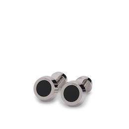 BOSS Silver Tone Brass & Black Enamel Round Cufflinks