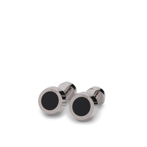 BOSS Silver Tone Brass & Black Enamel Round Cufflinks