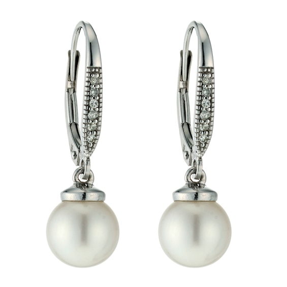 9ct Gold Cultured Freshwater Pearl & Diamond Drop Earrings