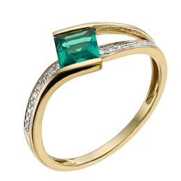 9ct Yellow Gold Created Emerald & Diamond Ring