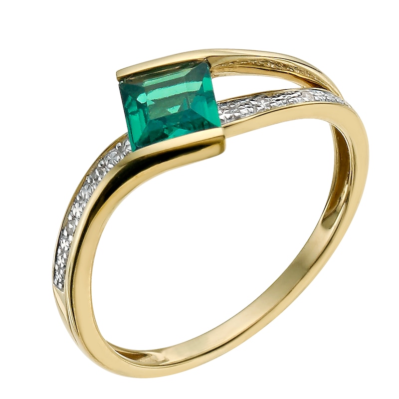 Main Image 1 of 9ct Yellow Gold Created Emerald & Diamond Ring