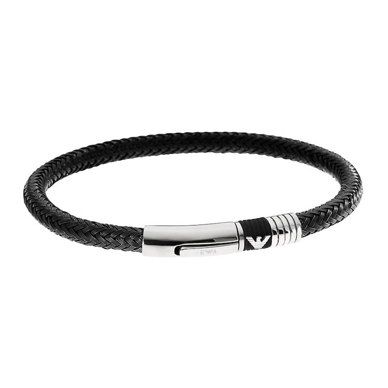 Emporio Armani Men's Black Leather 7 Inch Eagle Logo Bracelet