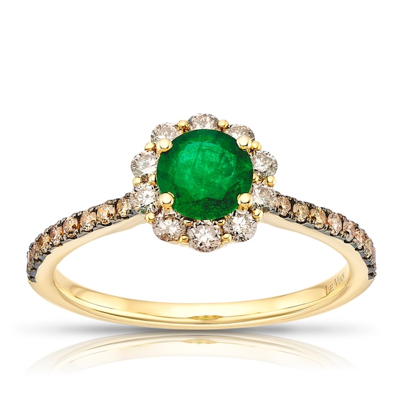 Le Vian 14ct Yellow Gold Nude Chocolate 0.50ct Diamond and Costa Smeralda Emerald Halo Ring