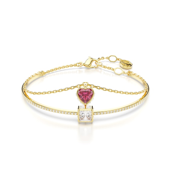Women's Swarovski Chroma Gold Tone 6.7" Red Zirconia Heart Shaped Charm Bangle