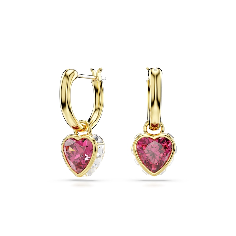 Main Image 1 of Swarovski Chroma Gold Tone & Red Zirconia Heart Shaped Drop Hoop Earrings