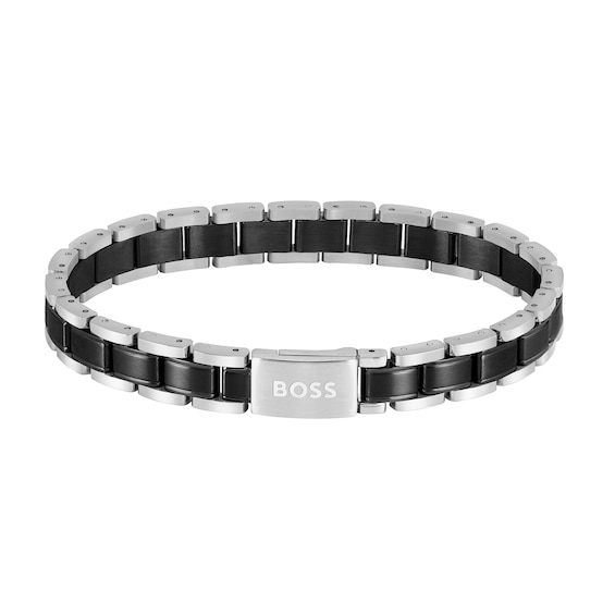 Men's Boss Metal Link Essentials Stainless Steel & Black Ip Bracelet