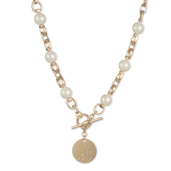 Lauren Ralph Lauren Gold Tone 17 Faux Pearl and Logo Coin Pendant Necklace