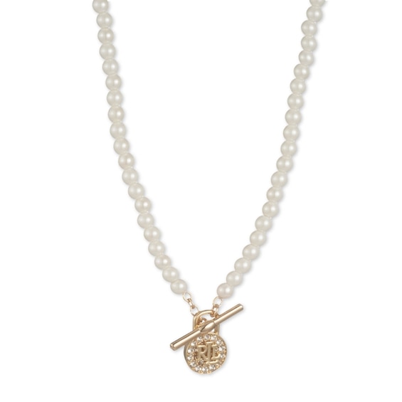Lauren Ralph Lauren Gold Tone 17 Faux Pearl Logo Padlock Necklace